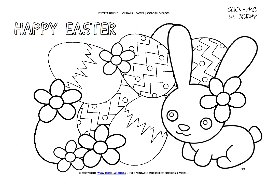 Easter Coloring Page: 29 Happy Easter cute bunny with eggs & flowers